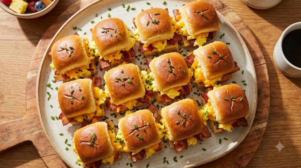 Breakfast sliders with scrambled eggs crispy bacon or sausage and melted cheddar cheese on toasted Hawaiian rolls ready 