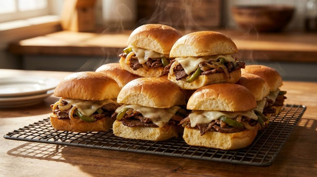 Philly cheesesteak sliders with thinly sliced steak caramelized onions peppers and melted provolone cheese on sweet roll