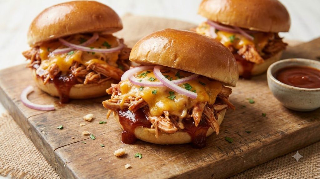 BBQ chicken sliders featuring shredded chicken tossed in barbecue sauce topped with melted cheese and red onion on sweet