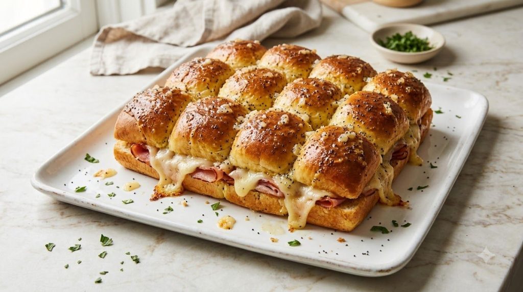 Baked ham and Swiss cheese sliders drizzled with a buttery poppy seed sauce served on a platter