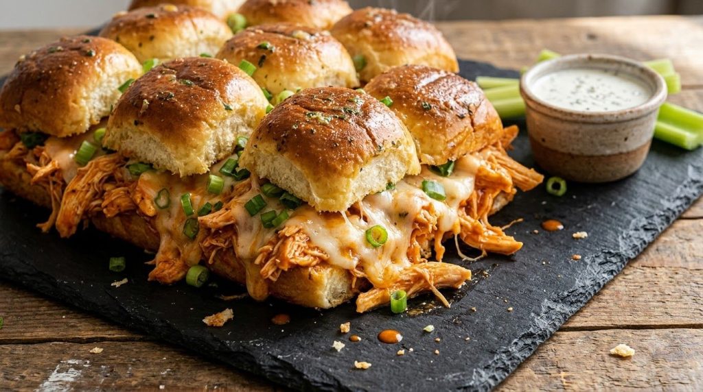 Buffalo chicken sliders with shredded chicken in buffalo sauce melted mozzarella or Monterey Jack cheese garnished with 