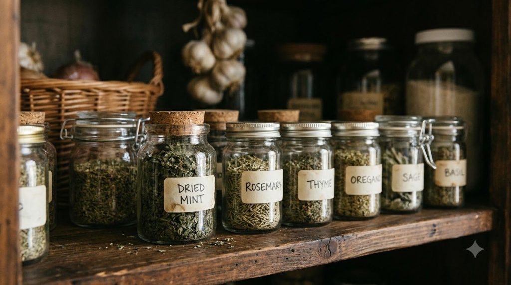 An assortment of different types of dried herbs in small jars including dried mint labeled for storage in a cool dark pa