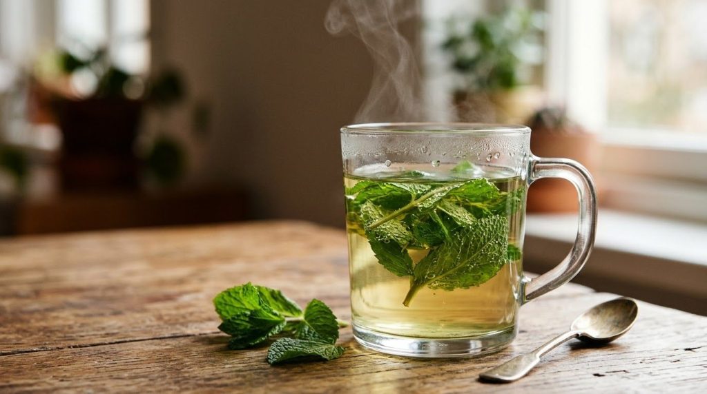 A clear glass mug of freshly brewed mint tea with visible mint leaves steeping steam rising and a cozy background