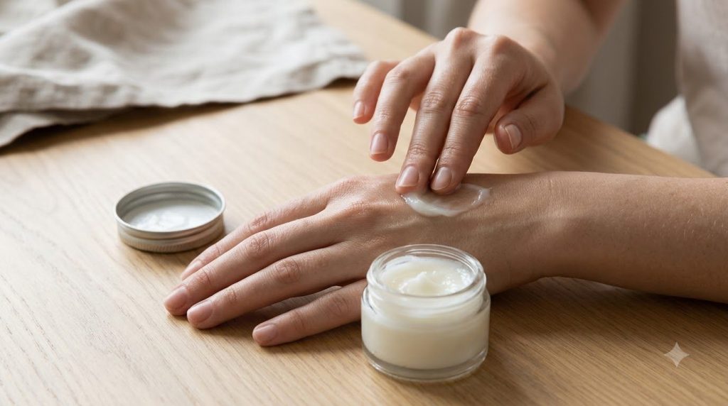 Close-up shot of a small jar containing a mixed Vaseline and baby oil blend with a hand gently applying a small amount t