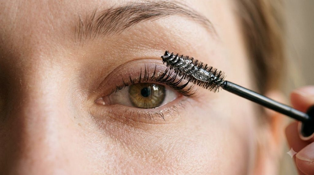 Close-up of an eye with a clean mascara wand delicately applying a Vaseline and castor oil blend to the eyelashes illust