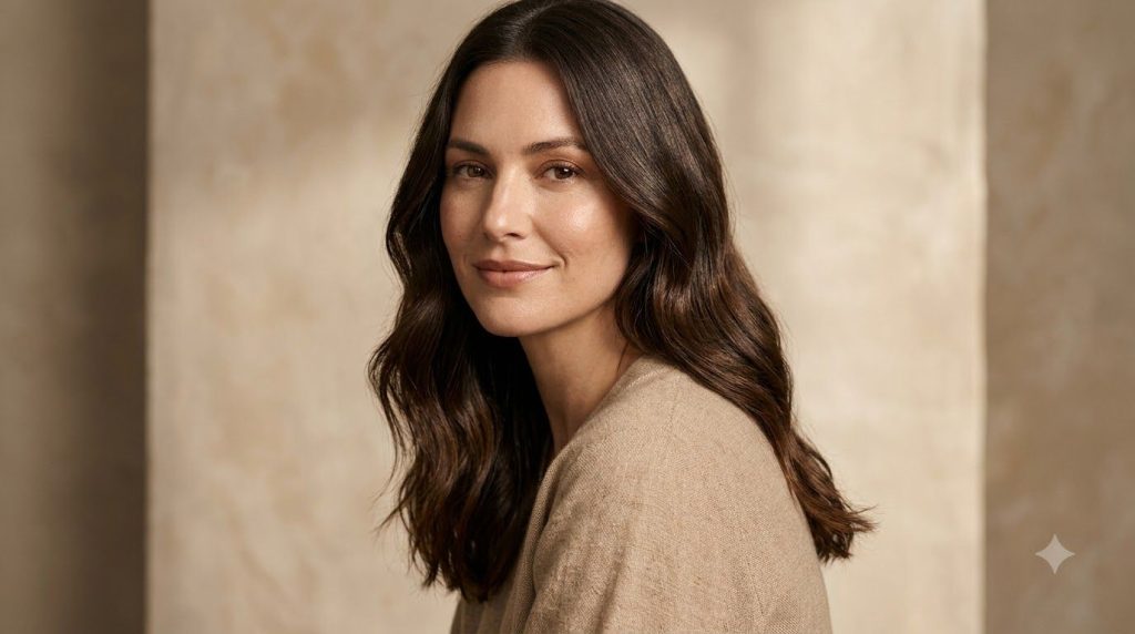 A woman with visibly shiny healthy-looking hair smiling confidently with a subtle glow