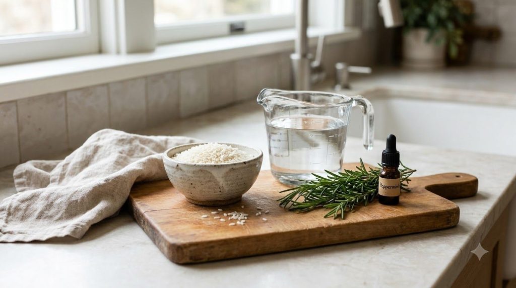 Various ingredients for the rice water rinse laid out on a clean kitchen counter uncooked rice in a small bowl a measuri