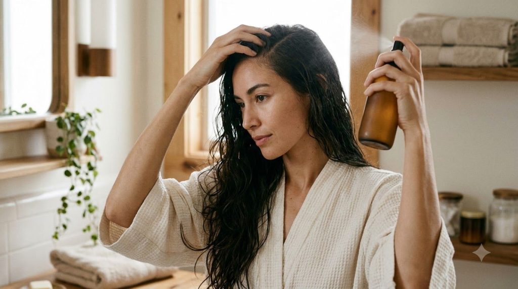 A woman with long dark hair gently applying the rice water rinse from a spray bottle to her scalp and hair in a bathroom