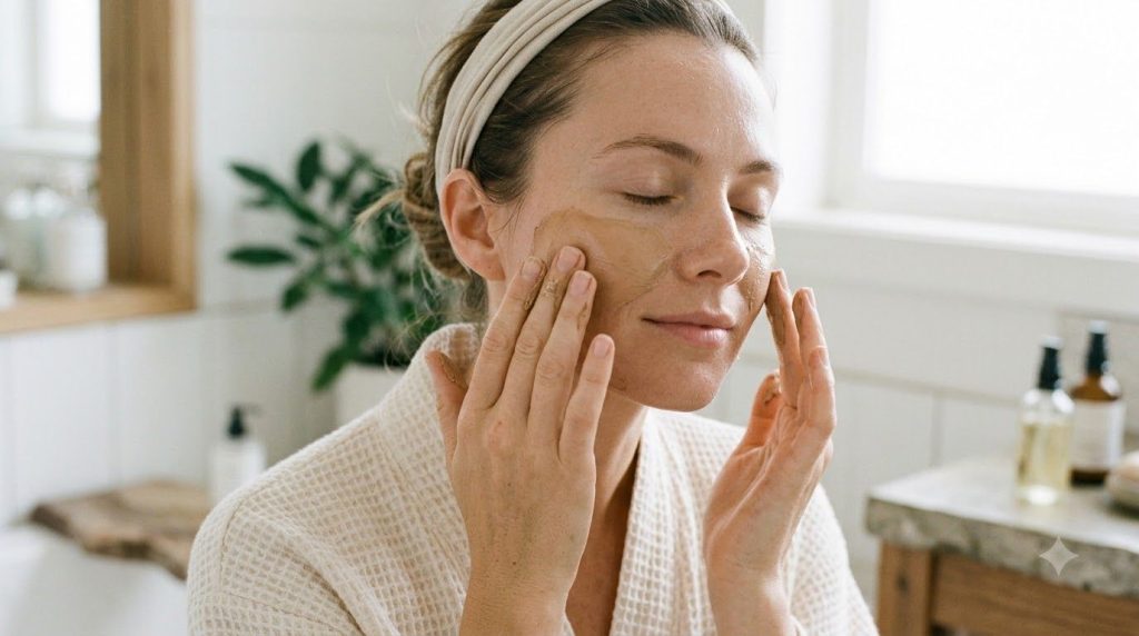 A woman gently applying a light brown face mask to her clean face using her fingertips Her eyes are closed and she has a