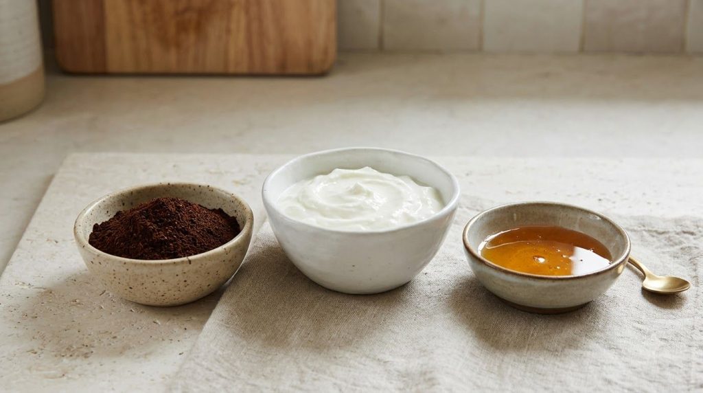 Ingredients for the face mask laid out a small dish of fine ground coffee a small bowl of plain yogurt and a spoon with 