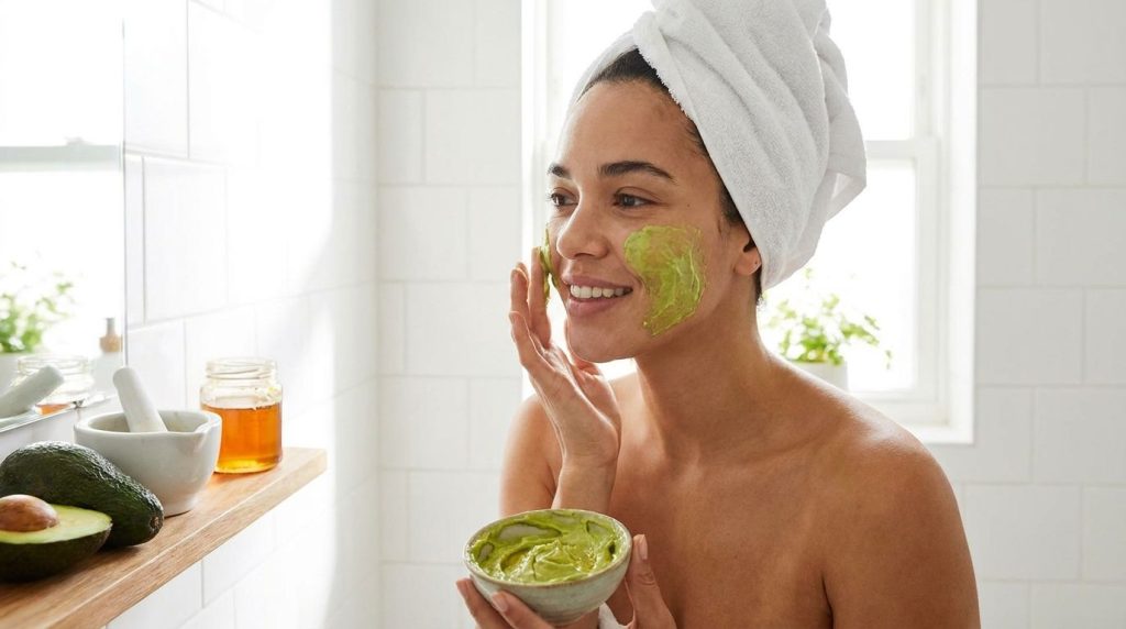 A woman gently applying a green avocado and honey mask to her clean face with a soft glowing complexion