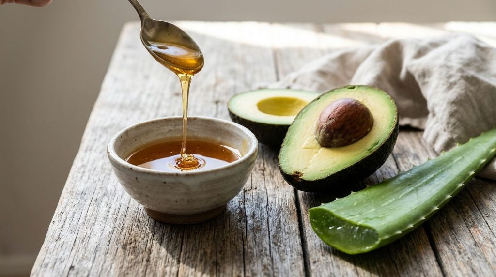 Close-up of avocado honey in a spoon and fresh aloe vera leaf on a rustic wooden table ready for a beauty recipe