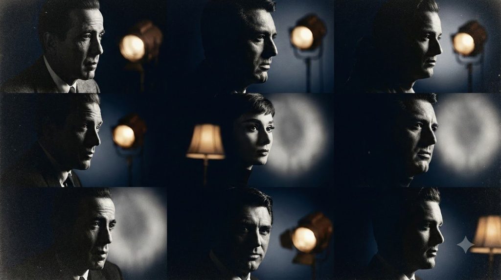 A montage or collage of several famous classic Hollywood actors faces slightly obscured or in silhouette challenging the