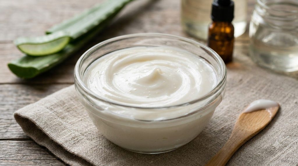 A close-up of a small glass bowl with the mixed beauty remedy of petroleum jelly aloe vera gel and baby oil showing a sm
