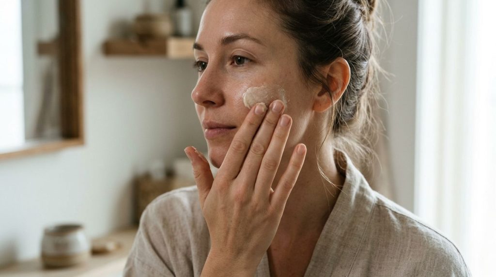 A person gently applying the homemade beauty mixture to their face or hand demonstrating the usage of the product