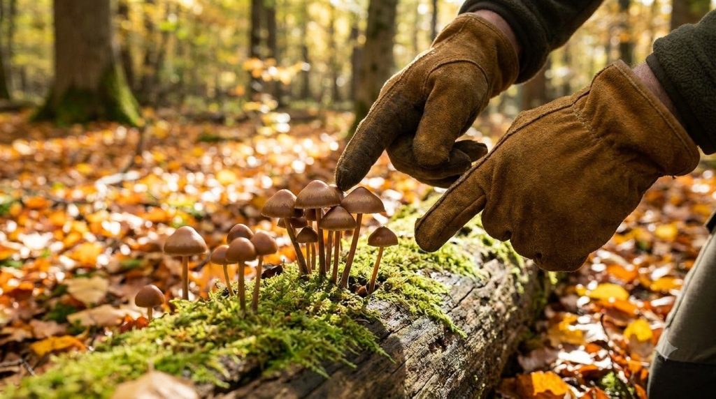 A pair of gloved hands pointing at a cluster of small brown mushrooms like Deadly Galerina growing on a fallen log in an