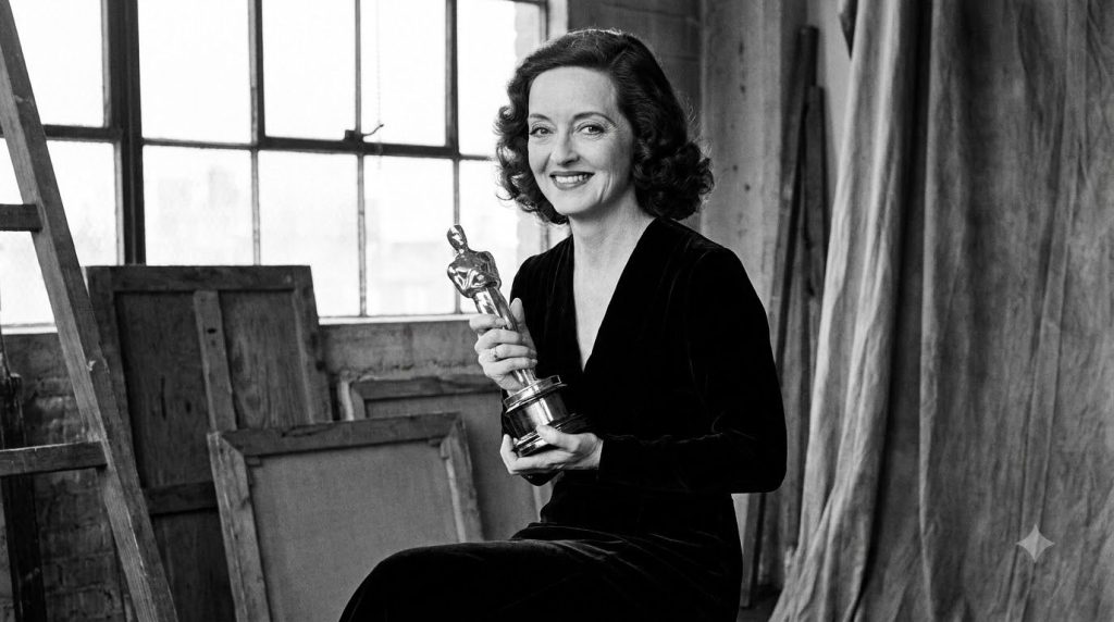 Bette Davis holding her Oscar statue possibly from the 1930s or 1940s in a classic pose