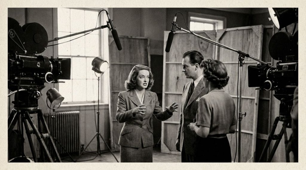 Vintage photo of Bette Davis on a studio set perhaps discussing a scene with a director showing her strong professional 