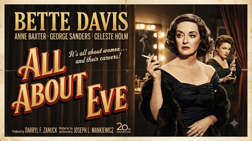 Movie poster for the classic film All About Eve featuring Bette Davis in a dramatic pose