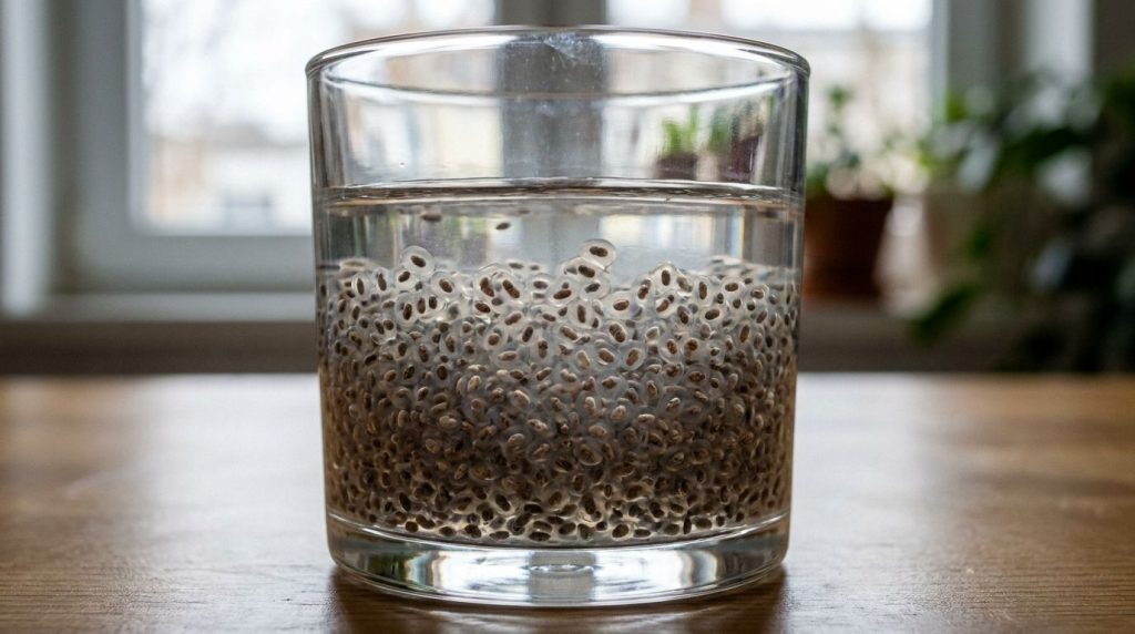 A close-up shot of soaked chia seeds in water forming a gel with lemon slices in the background