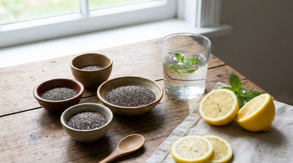 Various healthy ingredients for skin health including chia seeds a glass of water and fresh lemons arranged aestheticall