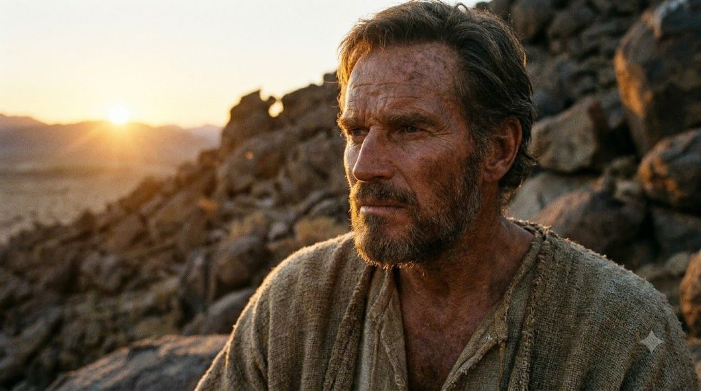 A portrait of Charlton Heston in his prime perhaps in a costume from one of his iconic epic roles