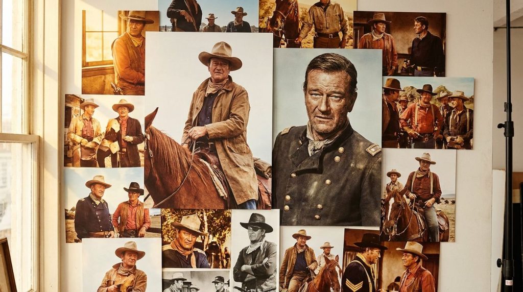 A collage or montage depicting various iconic roles of John Wayne across different film genres highlighting his versatil