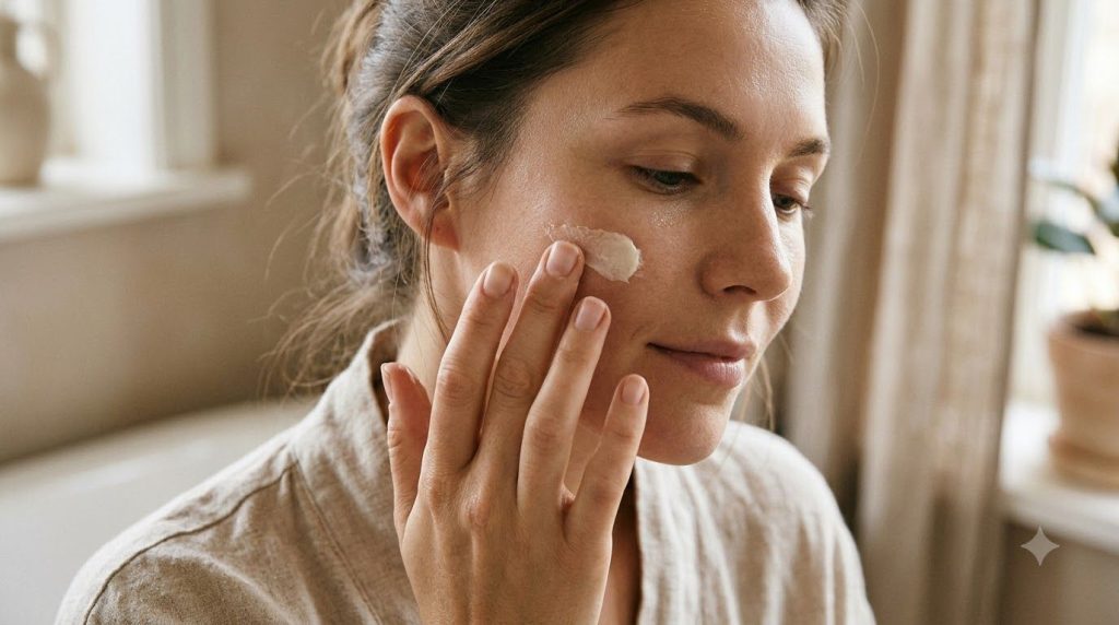 A woman s hand gently applying a small amount of the mixed Vaseline and baking soda paste to her cheek showing the appli