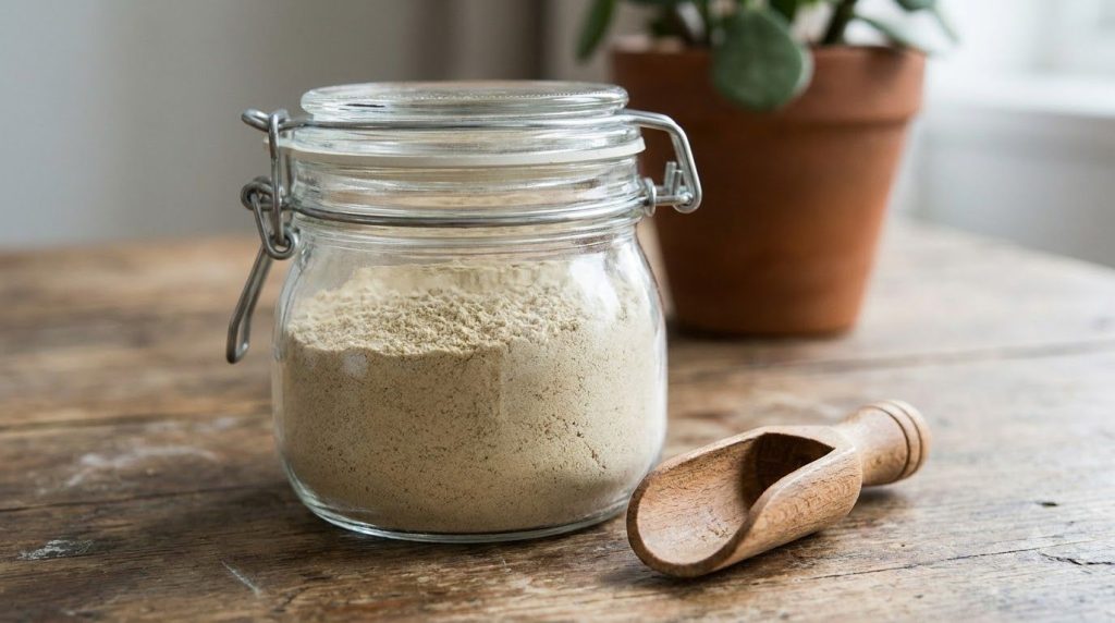 A finely ground natural hair growth powder in a glass jar with a wooden spoon beside it ready for daily consumption
