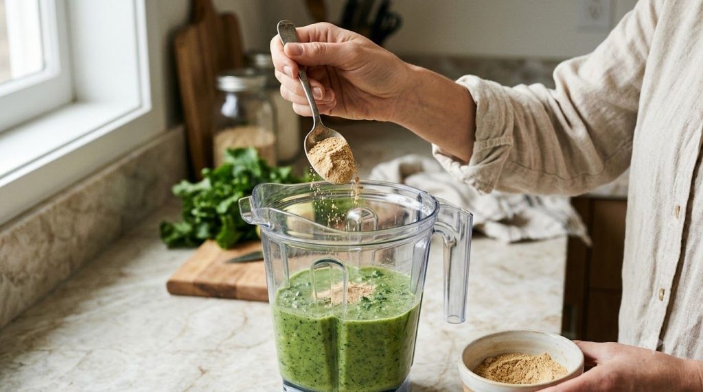 A woman adding a spoonful of the homemade hair growth powder to a smoothie in a kitchen setting