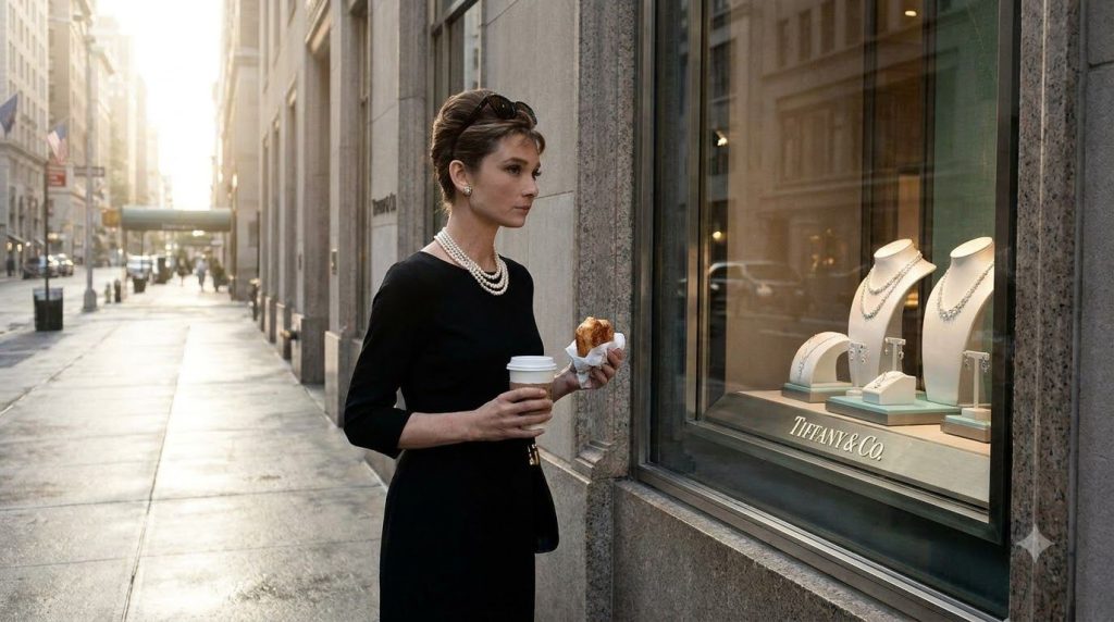 A vibrant iconic still from Breakfast at Tiffany s showing Audrey Hepburn as Holly Golightly wearing her black dress and
