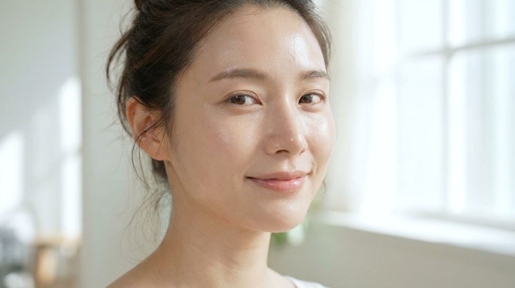 A close-up of a woman with visibly radiant healthy skin subtly glowing smiling gently possibly after consistently nouris