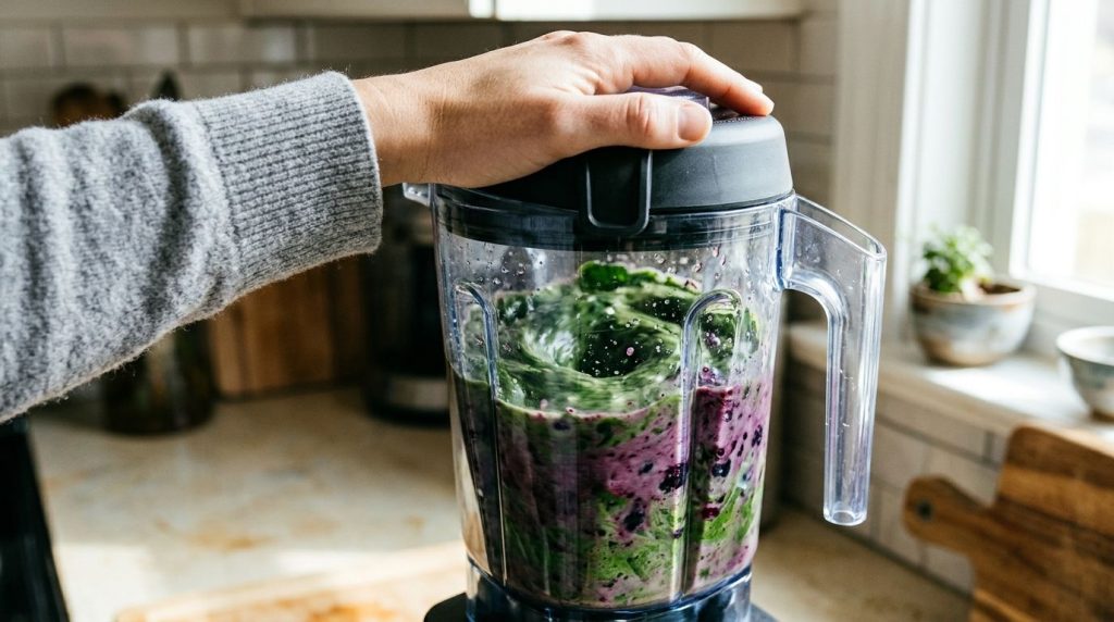 A blender filled with vibrant smoothie ingredients being blended with a hand holding the lid The mixture is swirling int