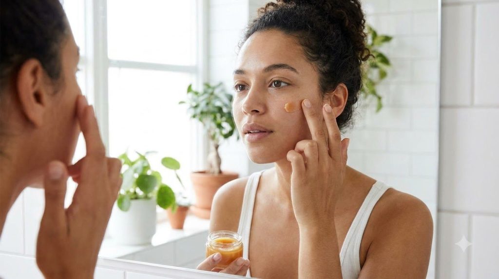 A woman gently applying a small amount of the golden balm to her cheek illustrating the usage of the remedy for a radian