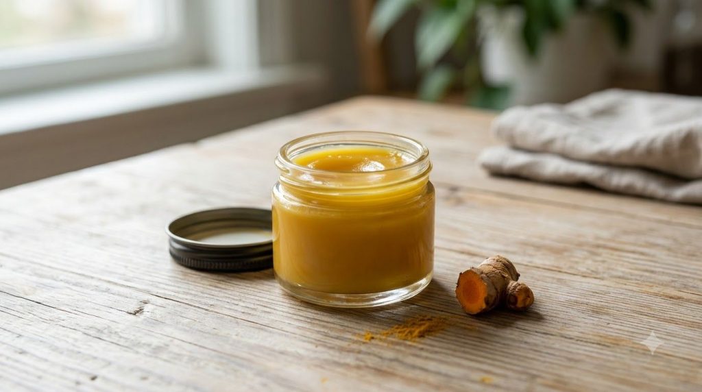 A small clean jar filled with the freshly mixed petroleum jelly and turmeric balm ready for use placed on a wooden surfa