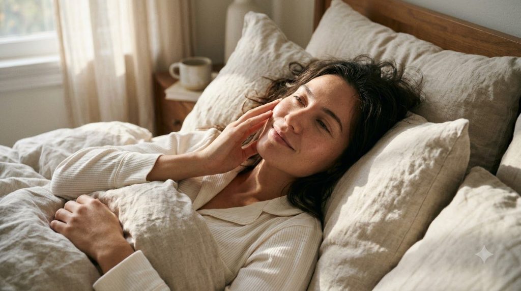 Woman waking up with refreshed glowing skin gently touching her cheek sunlight filtering in