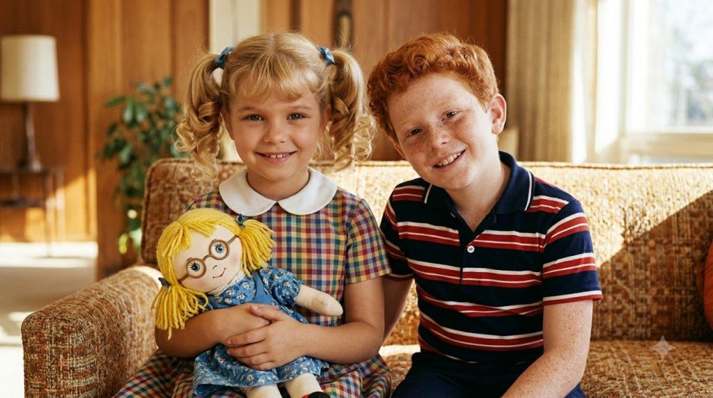 A real publicity photo of Anissa Jones as Buffy holding her Mrs Beasley doll and Johnny Whitaker as Jody from the TV sho