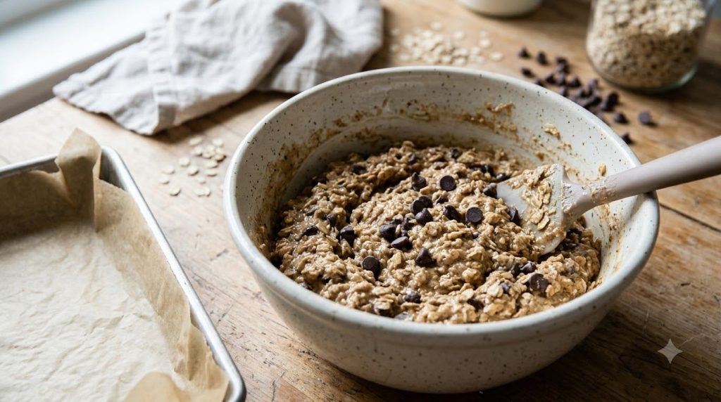 The oat cake batter in a mixing bowl after combining wet and dry ingredients with some chocolate chips folded in