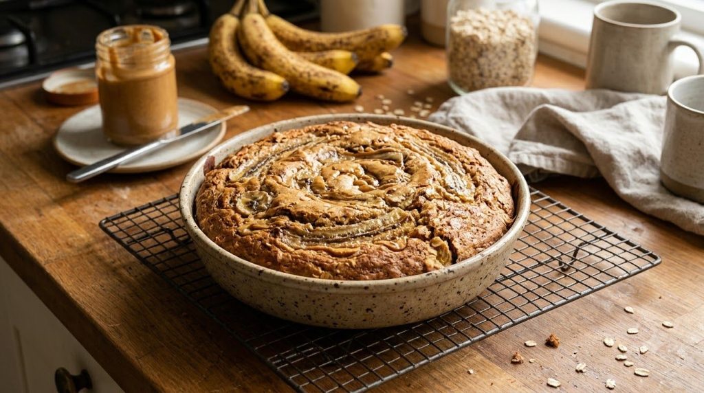 A baked banana peanut butter oat cake golden brown and puffed cooling in its baking dish on a wire rack