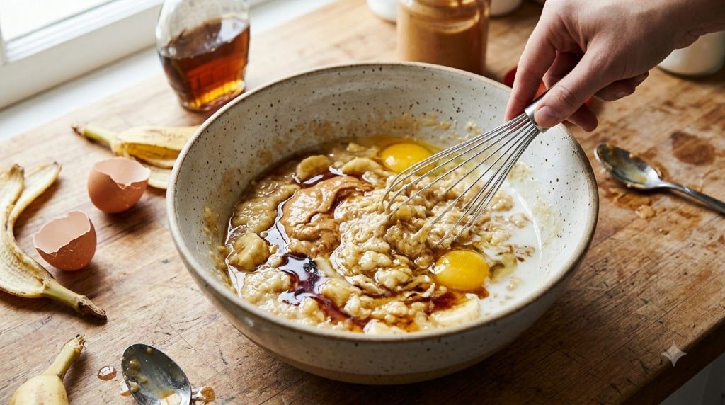 A large mixing bowl containing mashed bananas egg peanut butter milk maple syrup and vanilla extract being stirred toget