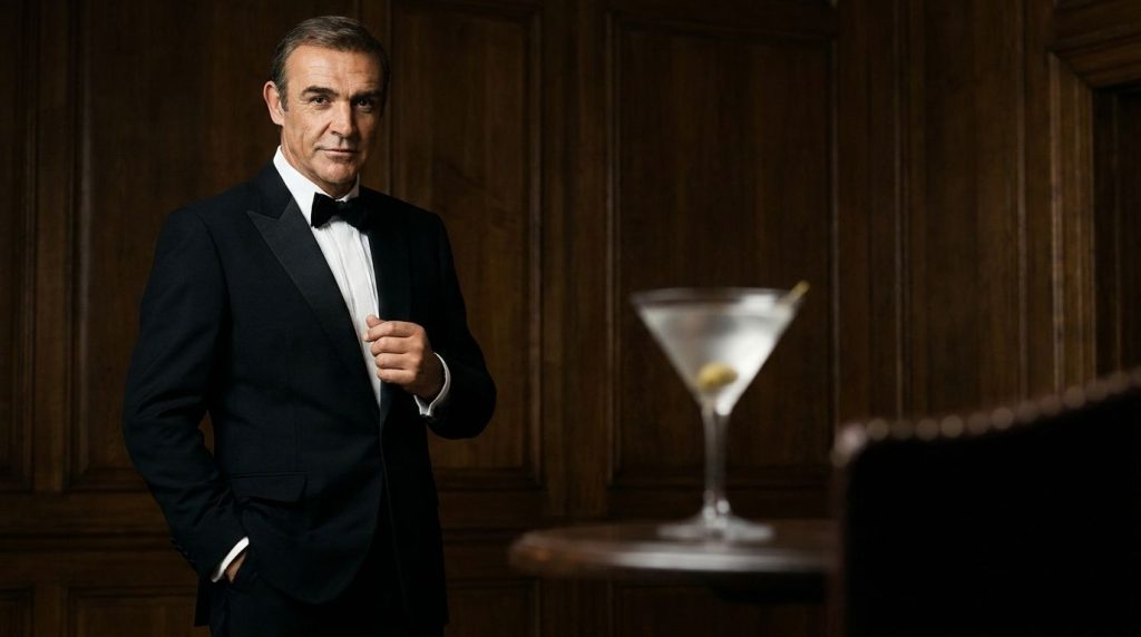 Sean Connery as James Bond looking sophisticated and ready for action