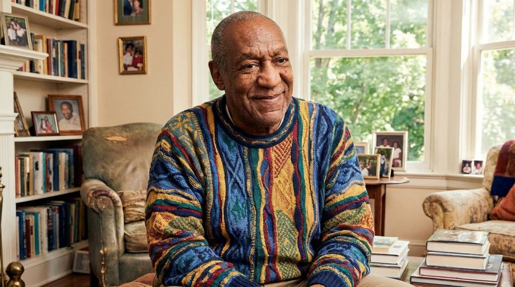 A real publicity photo of Bill Cosby as Cliff Huxtable from The Cosby Show wearing a colorful sweater