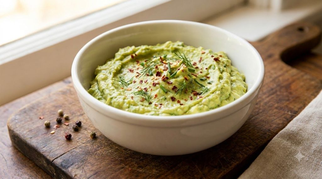 A bowl of creamy high-protein avocado egg spread garnished with red pepper flakes and fresh herbs ready to be served