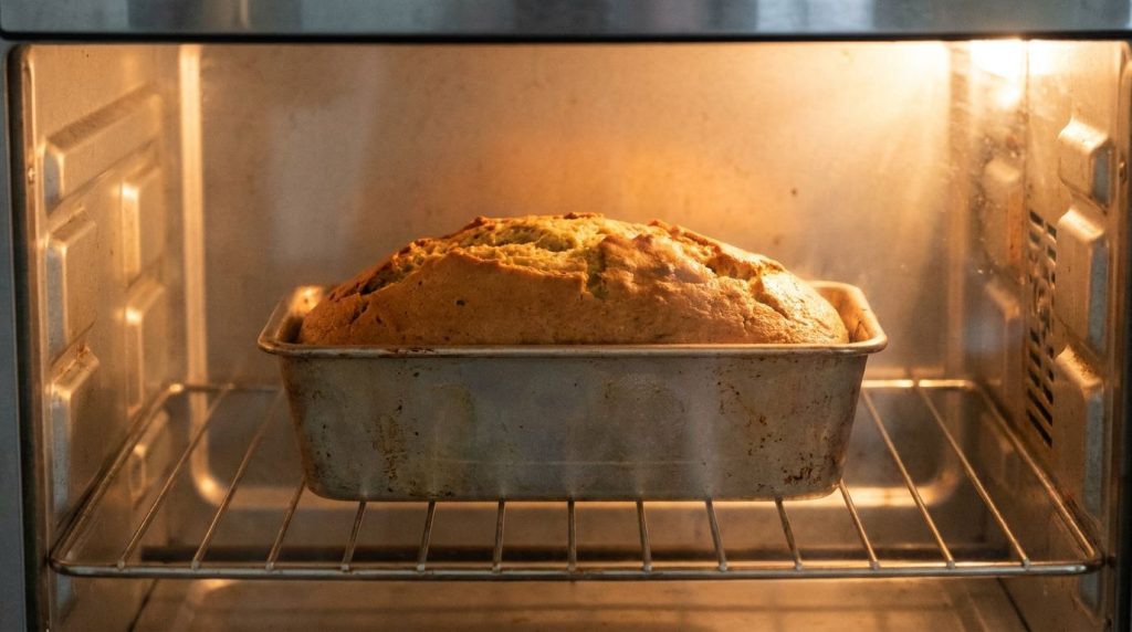 An avocado loaf bread baking in a loaf pan showing a golden crust developing