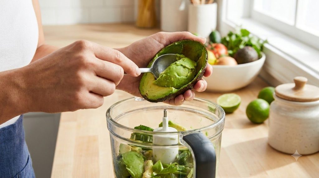 Ripe avocados being scooped out of their skin and into a blender or food processor