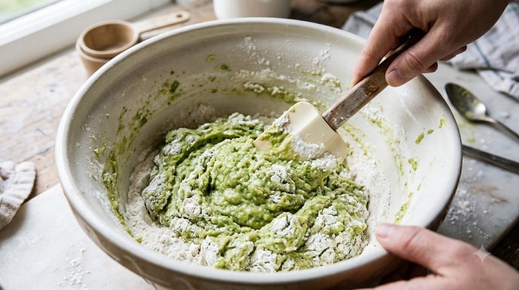 A large bowl of avocado-based wet ingredients being gently mixed with dry ingredients