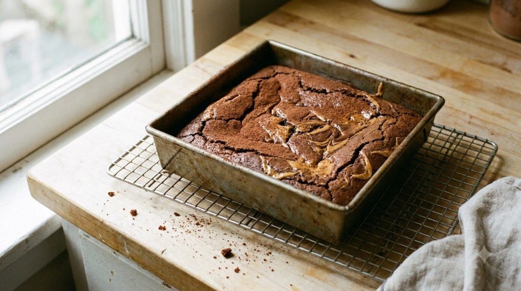The baked flourless chocolate peanut butter cake cooling on a wire rack in the pan
