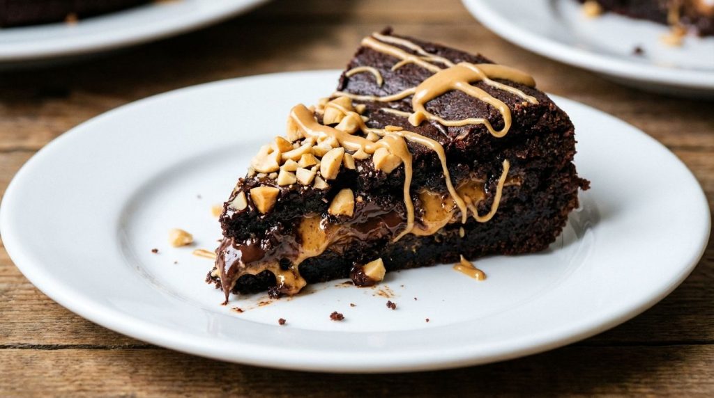 A slice of moist flourless chocolate peanut butter cake on a white plate topped with a drizzle of peanut butter