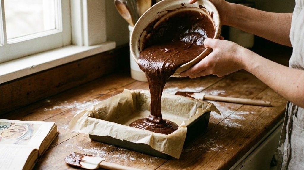 Dark chocolate cake batter being poured into a square baking pan lined with parchment paper