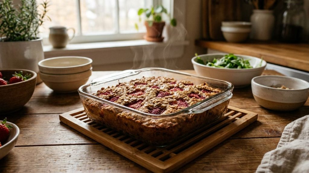 A whole baked healthy strawberry oat cake in a baking dish fresh out of the oven